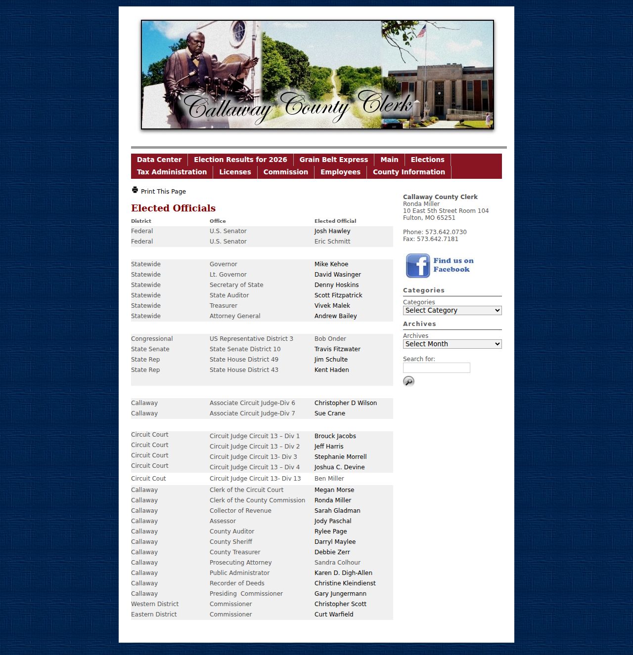 Callaway County civil court docket reference to the county officials directory