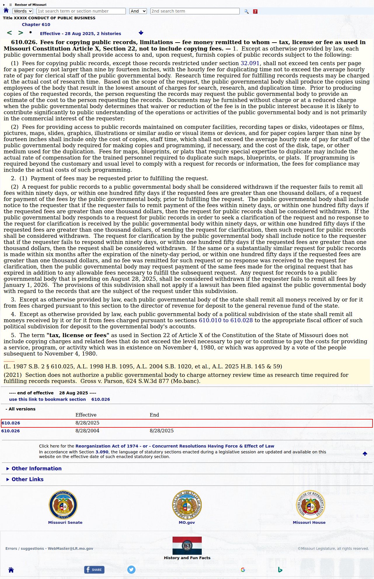 Callaway County court records reference image for Missouri public-record copy fees