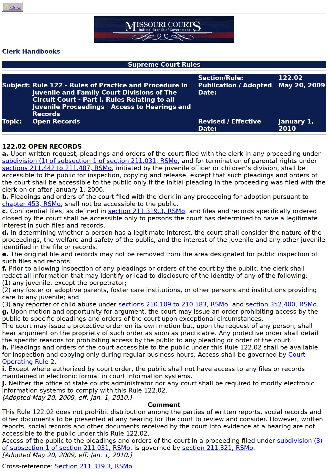 Callaway County criminal docket reference to Missouri juvenile record access rules